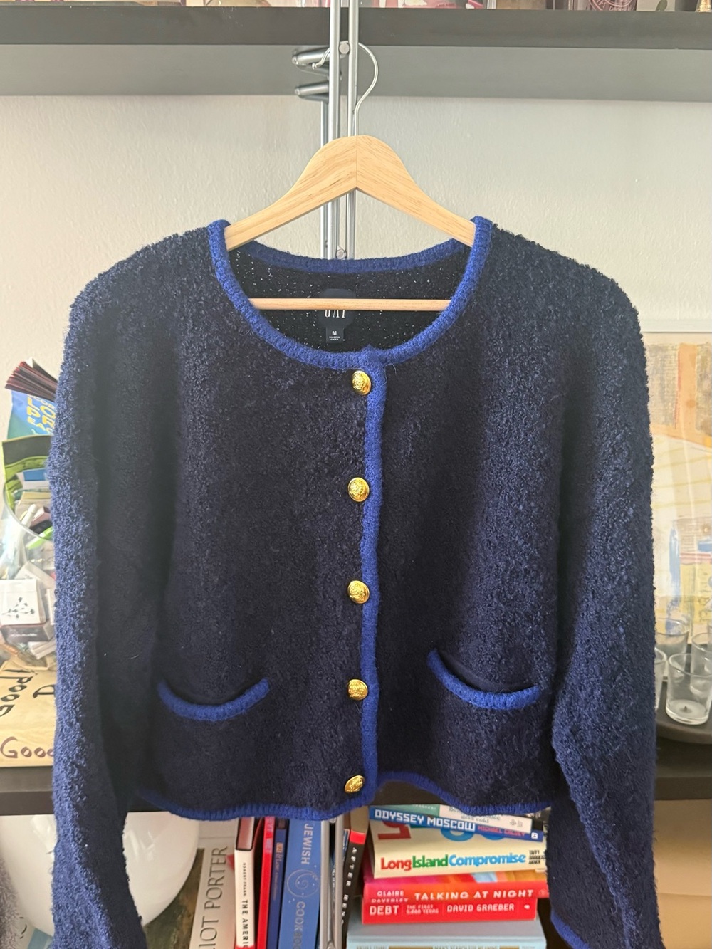 GAP Navy Bouclé Cardigan with Royal Blue Trim and Gold Buttons